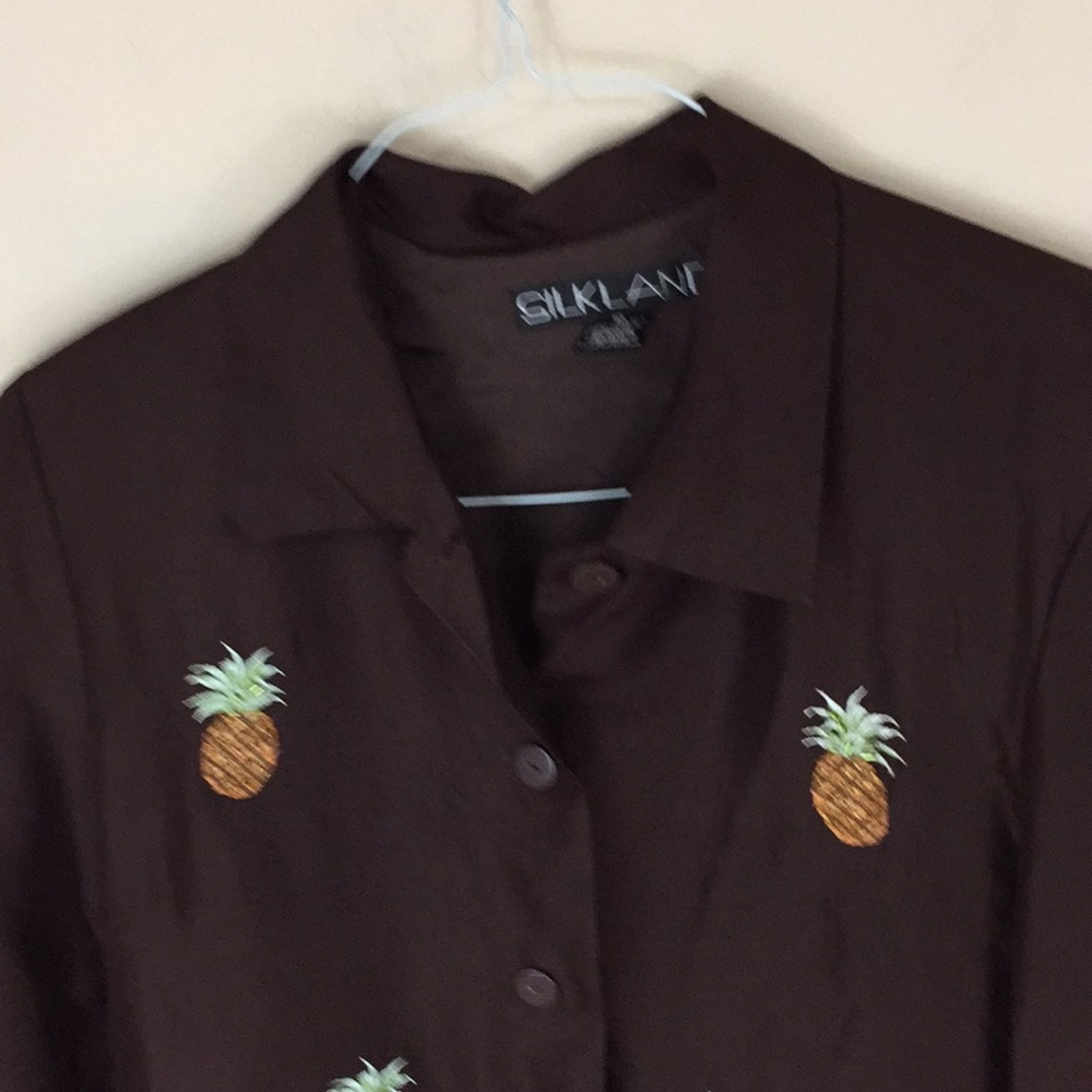 Silkland Brown Silk Top with Embroidered Beaded Pineapples Size 10 - Picture 3 of 15